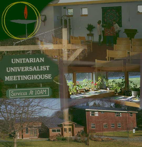 Montage of flaming chalice symbol, sanctuary, greeting sign, flowering plants in foyer, outside view again